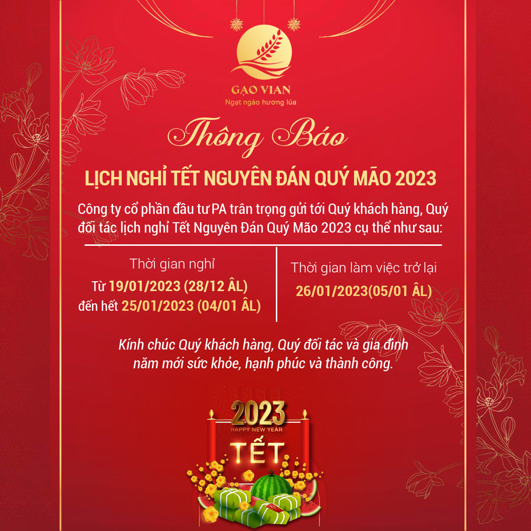 THÔNG BÁO LỊCH NGHỈ TẾT NGUYÊN ĐÁN QUÝ MÃO 2023